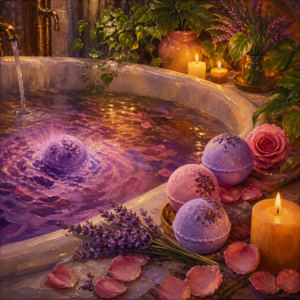 Still life of colorful bath bombs fizzing in a tub with rose petals and lavender