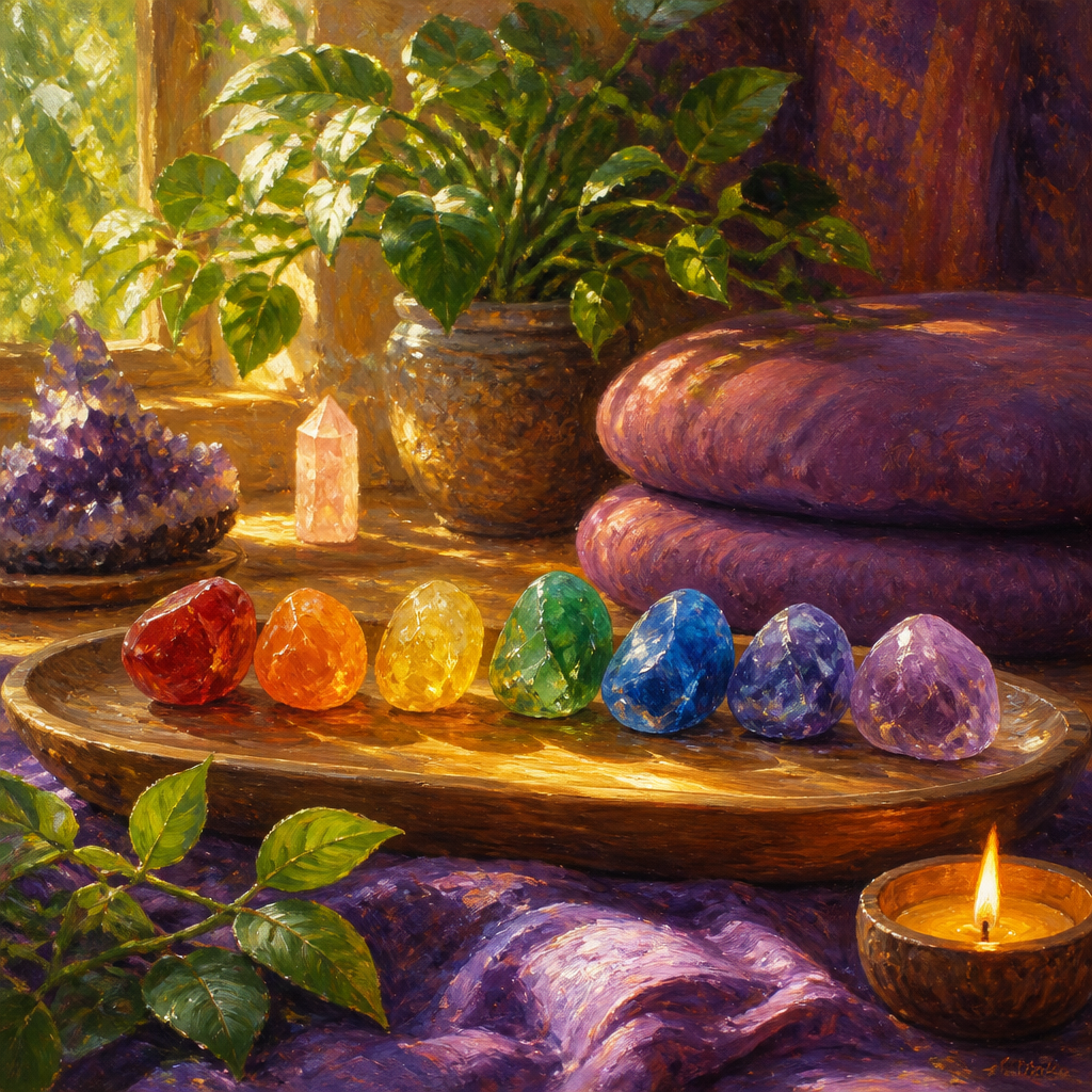 Seven rainbow chakra stones arranged in a sunlit meditation corner