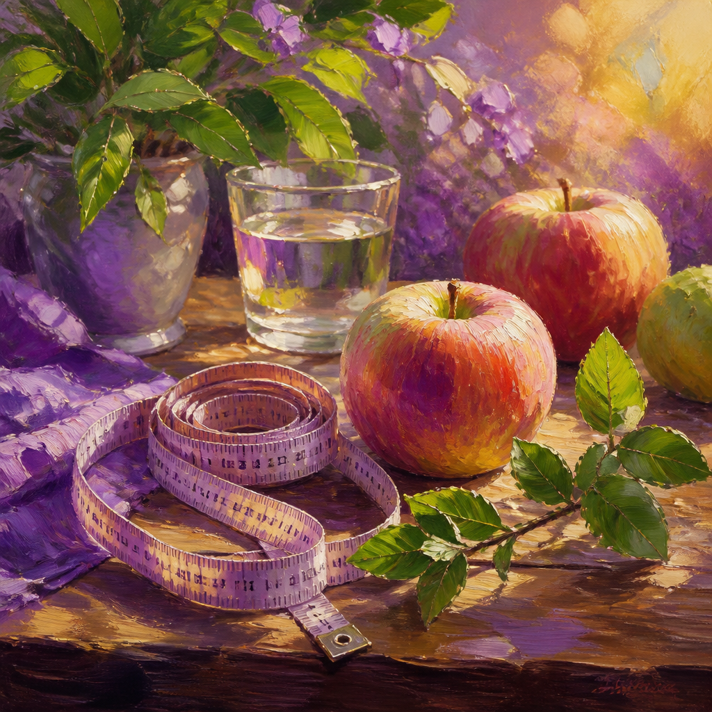 Elegant still life of a coiled soft tape measure with fresh fruit and green leaves