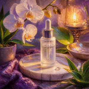 Painterly still life of a clear serum dropper bottle with fresh leaves in purple and golden light