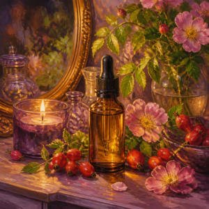 Painterly still life of a golden rosehip oil bottle with wild roses and red rosehips in purple light