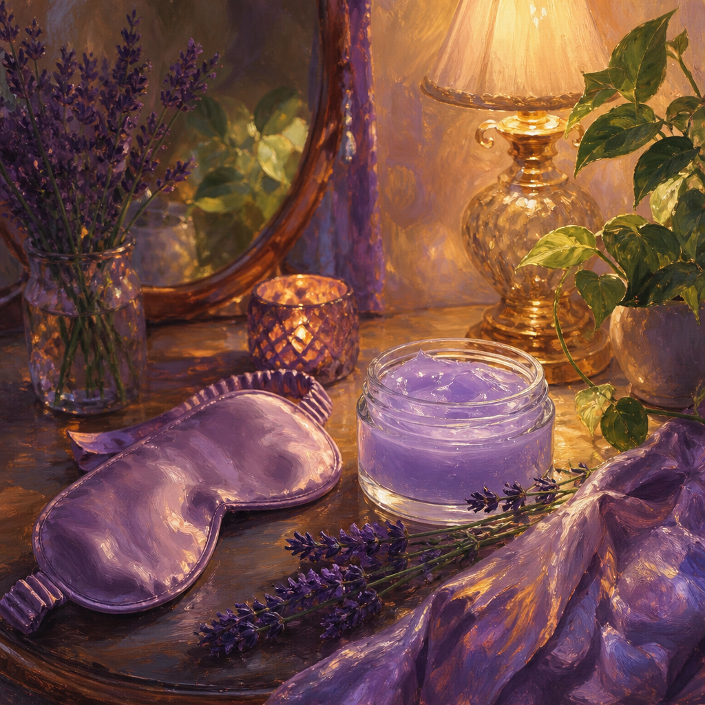 Painterly still life of an open jar of gel mask on a bedside vanity with lavender in purple evening light