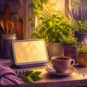 Large digital reminder clock on a kitchen counter beside plants and a cup of tea