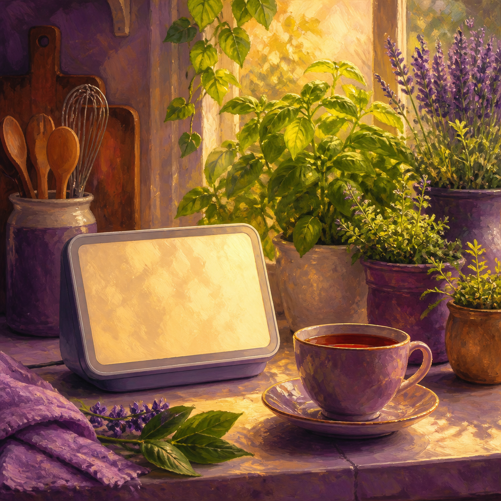 Large digital reminder clock on a kitchen counter beside plants and a cup of tea