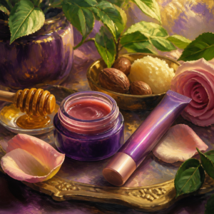 Painterly still life of an unlabeled lip balm pot with honey and shea nuts in purple and golden light