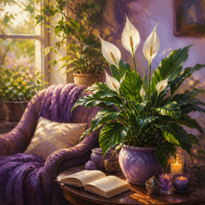 Peace lily with white blooms beside a reading chair in afternoon light