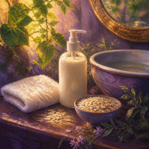Painterly still life of a cream cleanser pump bottle, soft washcloth and oats in purple and golden light