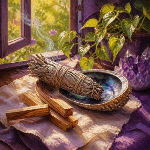 Still life of sage bundle, palo santo sticks, and an abalone shell