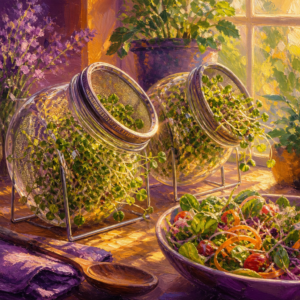 Glass sprouting jars full of fresh green sprouts on a kitchen counter