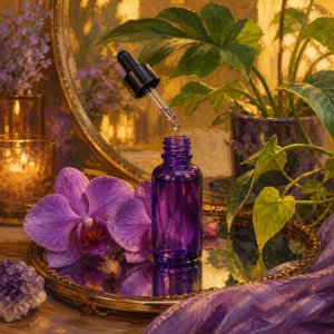 Painterly still life of a violet serum dropper bottle with orchids and leaves in purple and golden light