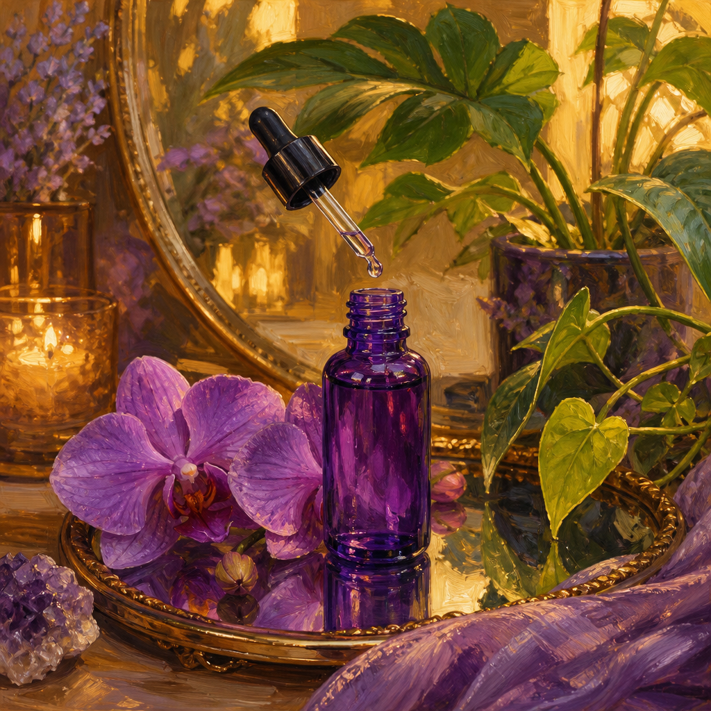 Painterly still life of a violet serum dropper bottle with orchids and leaves in purple and golden light