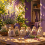 Linen charcoal bags resting in sunshine on a patio table among plants