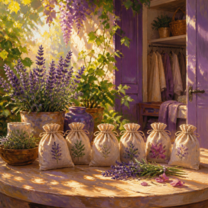 Linen charcoal bags resting in sunshine on a patio table among plants