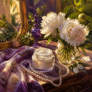 Painterly still life of an open jar of rich cream with a pearl necklace and flowers in purple and golden light
