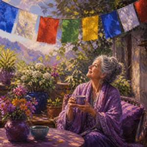 Colorful prayer flags fluttering over a garden patio