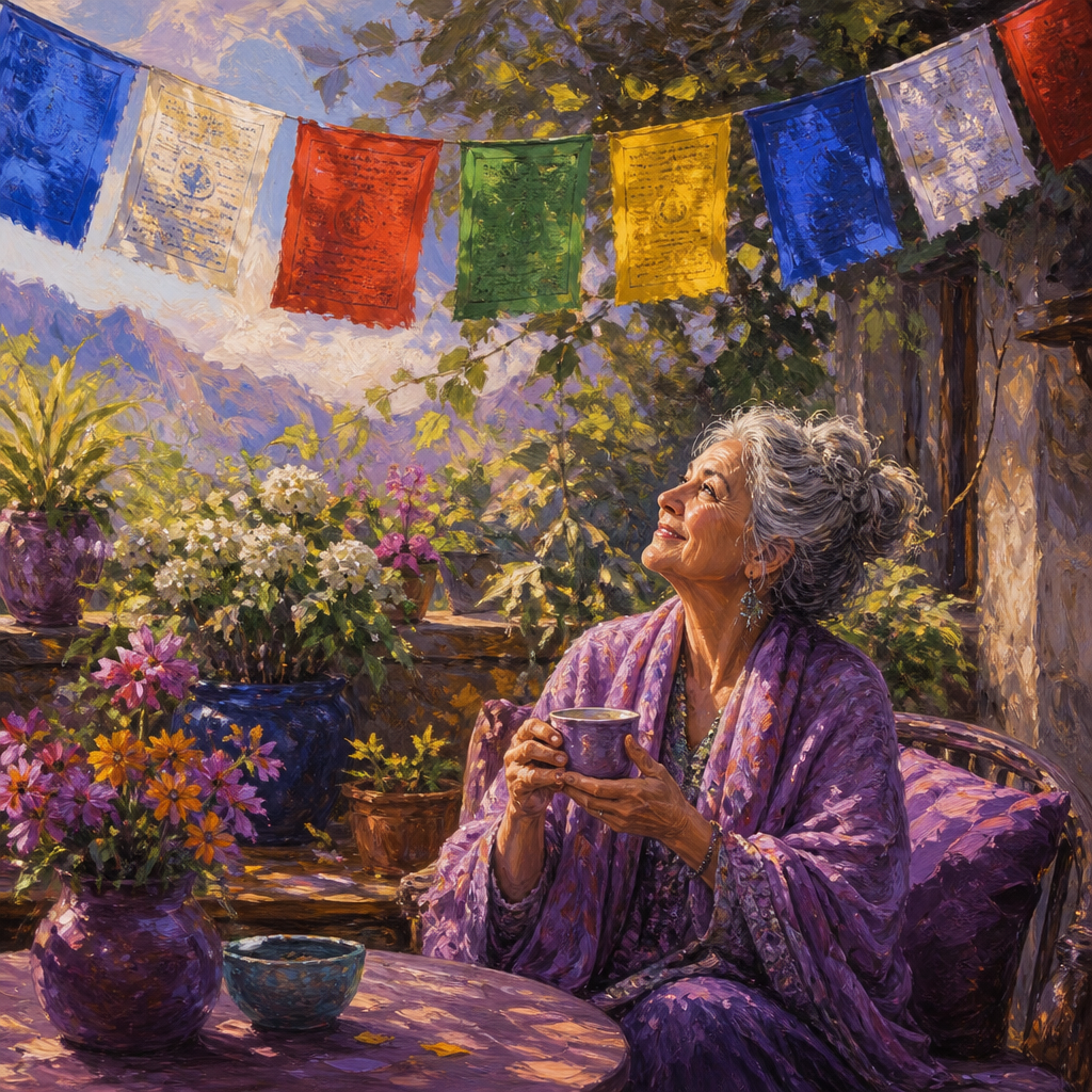 Colorful prayer flags fluttering over a garden patio
