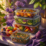 Glass containers filled with colorful healthy meals on a kitchen counter