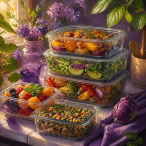 Glass containers filled with colorful healthy meals on a kitchen counter