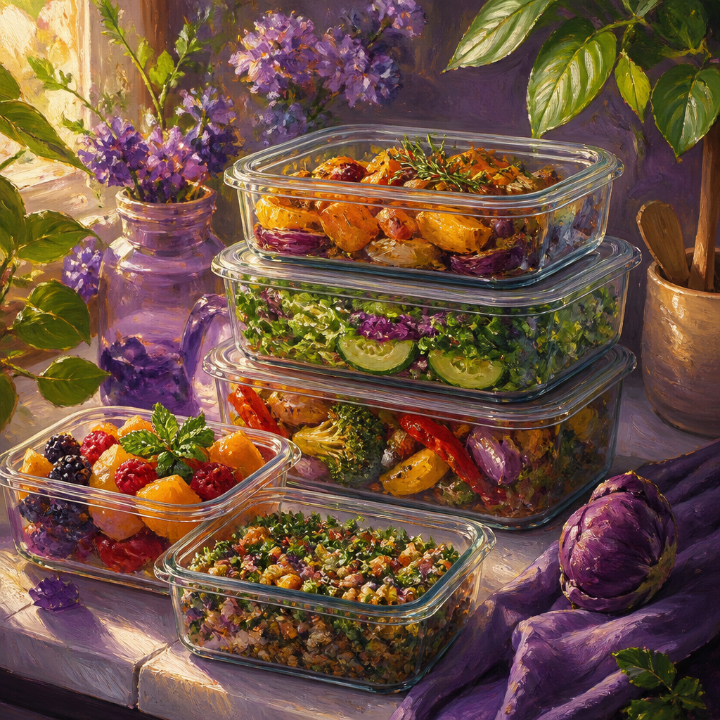 Glass containers filled with colorful healthy meals on a kitchen counter