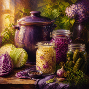 Ceramic fermentation crock with jars of homemade sauerkraut and cabbage