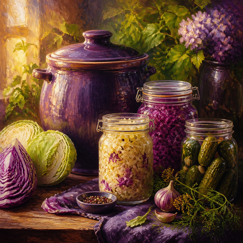 Ceramic fermentation crock with jars of homemade sauerkraut and cabbage