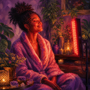 Black woman in her 30s relaxing in the glow of a red light therapy panel