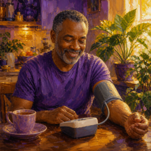 Smiling Black man in his 50s checking his blood pressure with a home monitor at the kitchen table