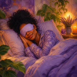 Black woman in her 20s sleeping peacefully wearing a contoured sleep mask