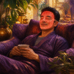East Asian man in his 40s relaxing on a couch wearing a glowing LED face mask