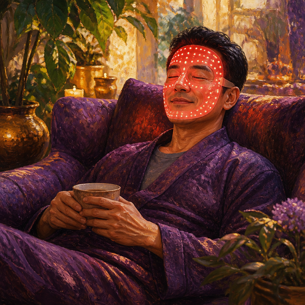 East Asian man in his 40s relaxing on a couch wearing a glowing LED face mask