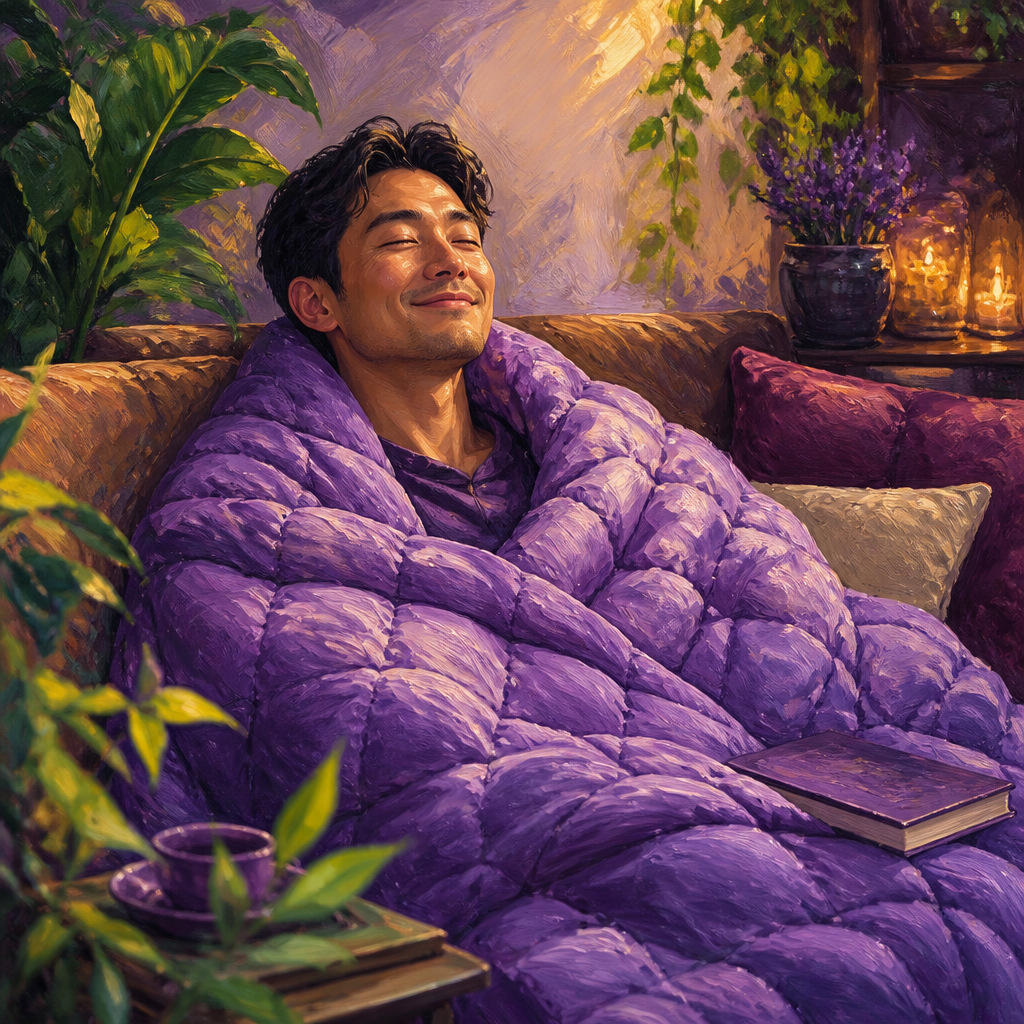 East Asian man in his 30s snuggled under a lavender weighted blanket on the sofa