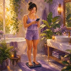 East Asian woman in her 30s smiling at her phone while standing on a smart scale