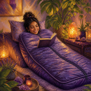 Latina woman in her 20s relaxing inside an infrared sauna blanket