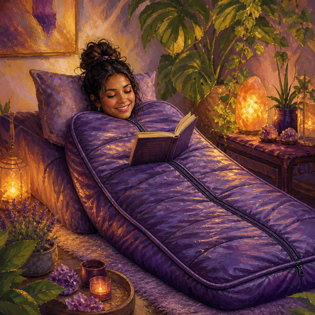 Latina woman in her 20s relaxing inside an infrared sauna blanket