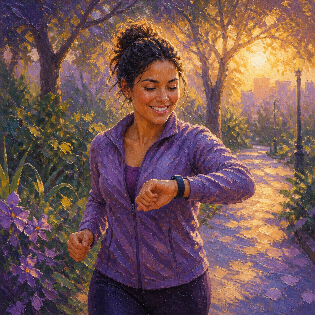 Latina woman in her 20s smiling at her fitness tracker on a park walk