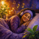 South Asian woman in her 40s resting with headband sleep headphones as music notes float