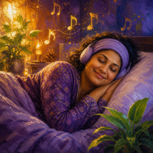 South Asian woman in her 40s resting with headband sleep headphones as music notes float