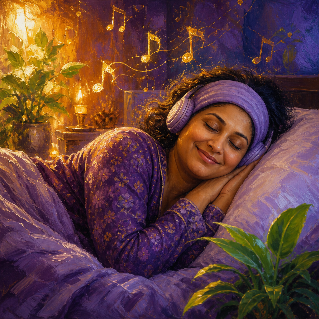 South Asian woman in her 40s resting with headband sleep headphones as music notes float