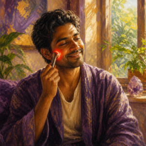 South Asian man in his 30s using a glowing red light therapy wand on his cheek