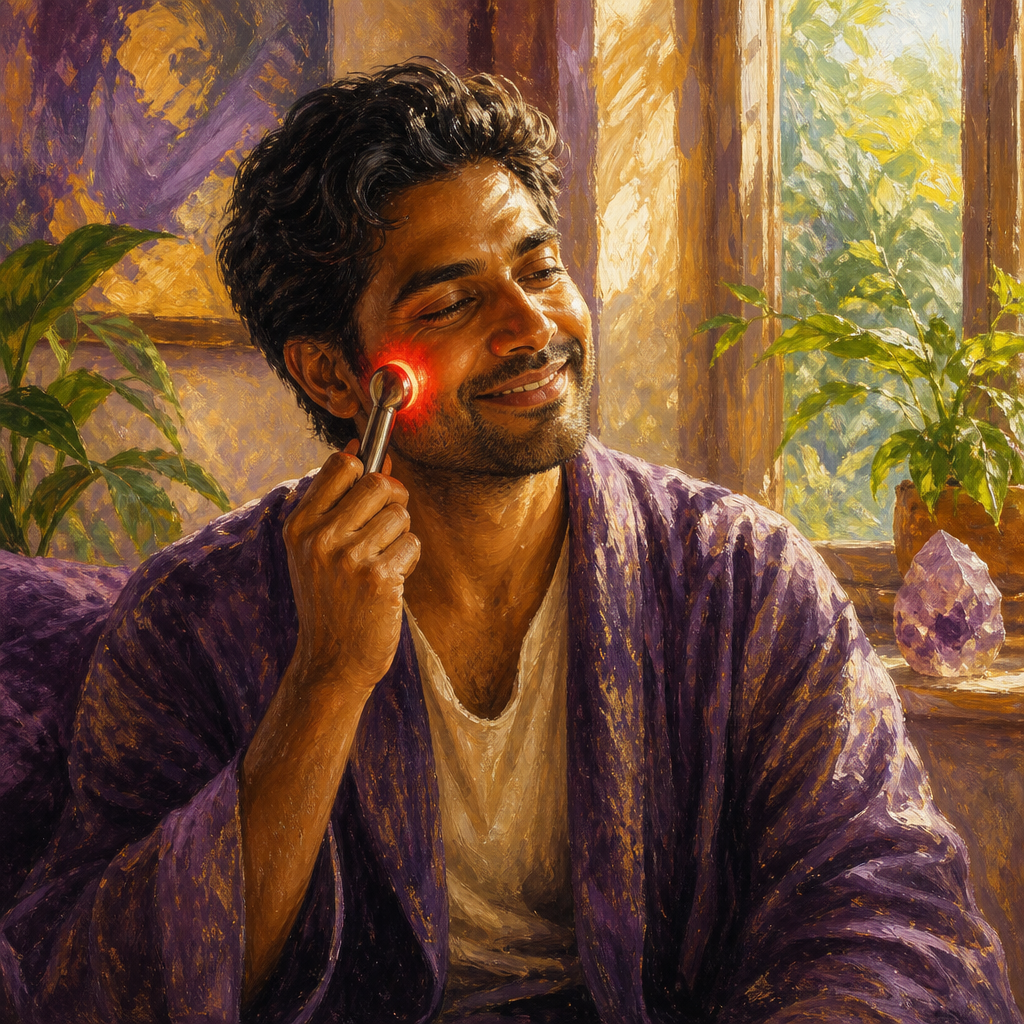 South Asian man in his 30s using a glowing red light therapy wand on his cheek