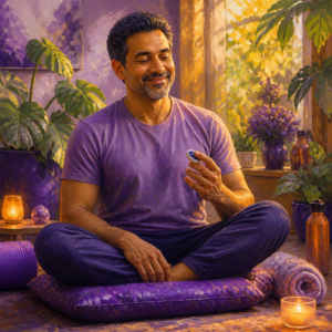 South Asian man in his 40s relaxing after yoga with a pulse oximeter on his fingertip