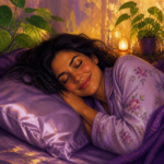 Latina woman in her 30s sleeping on a shimmering lavender silk pillowcase