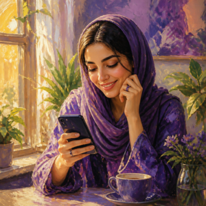 Middle Eastern woman in her 20s wearing a smart ring and checking her phone over coffee