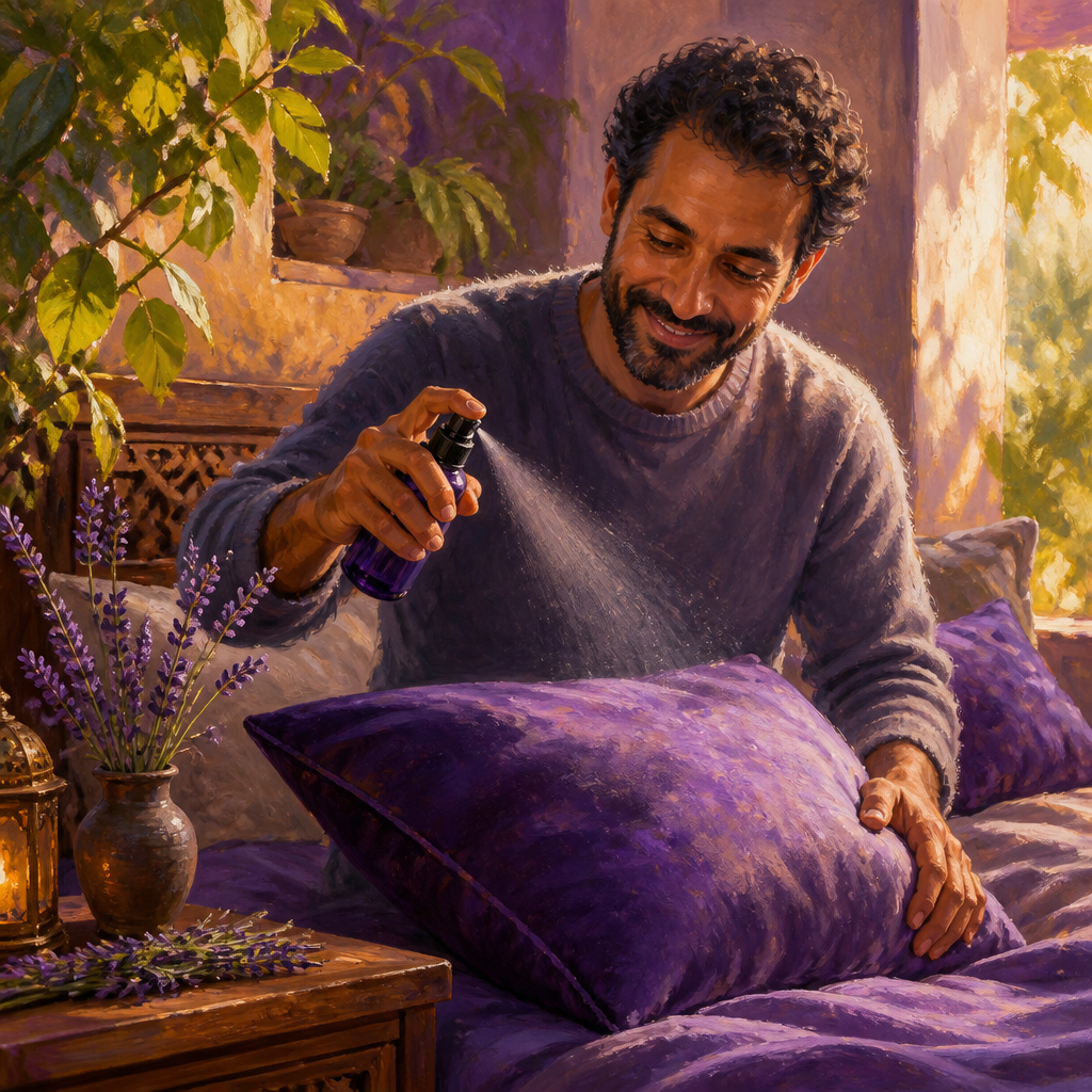 Middle Eastern man in his 40s spraying lavender pillow mist onto a purple pillow