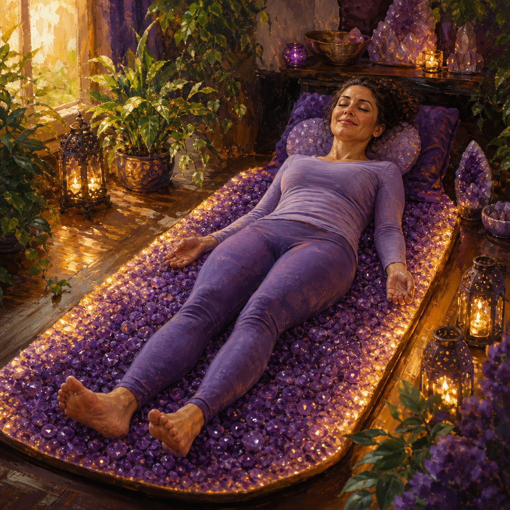 Middle Eastern woman in her 40s relaxing on a glowing amethyst infrared heating mat