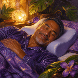 Pacific Islander man in his 50s sleeping comfortably on a memory foam pillow