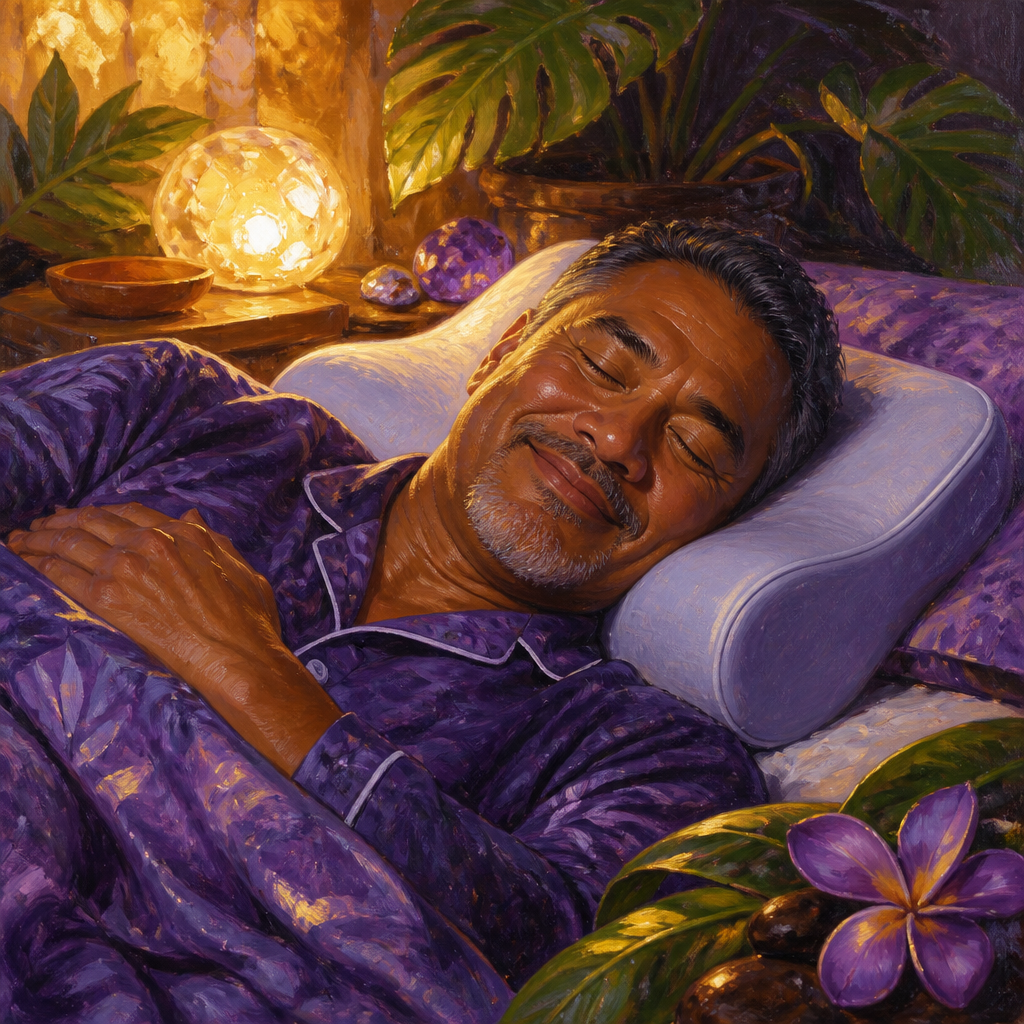 Pacific Islander man in his 50s sleeping comfortably on a memory foam pillow