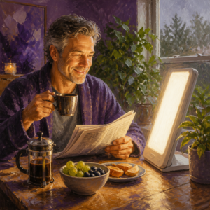 White man in his 50s at breakfast in the glow of a bright light therapy lamp
