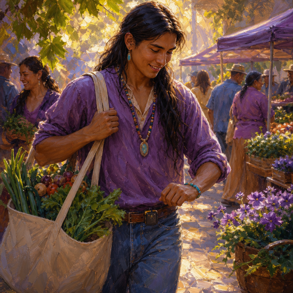 Native American man in his 20s at a farmers market checking a clip-on pedometer