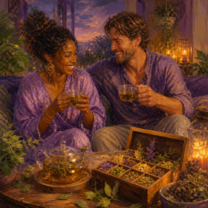 Black woman and white man in their 30s sharing herbal tea from a sampler box at dusk